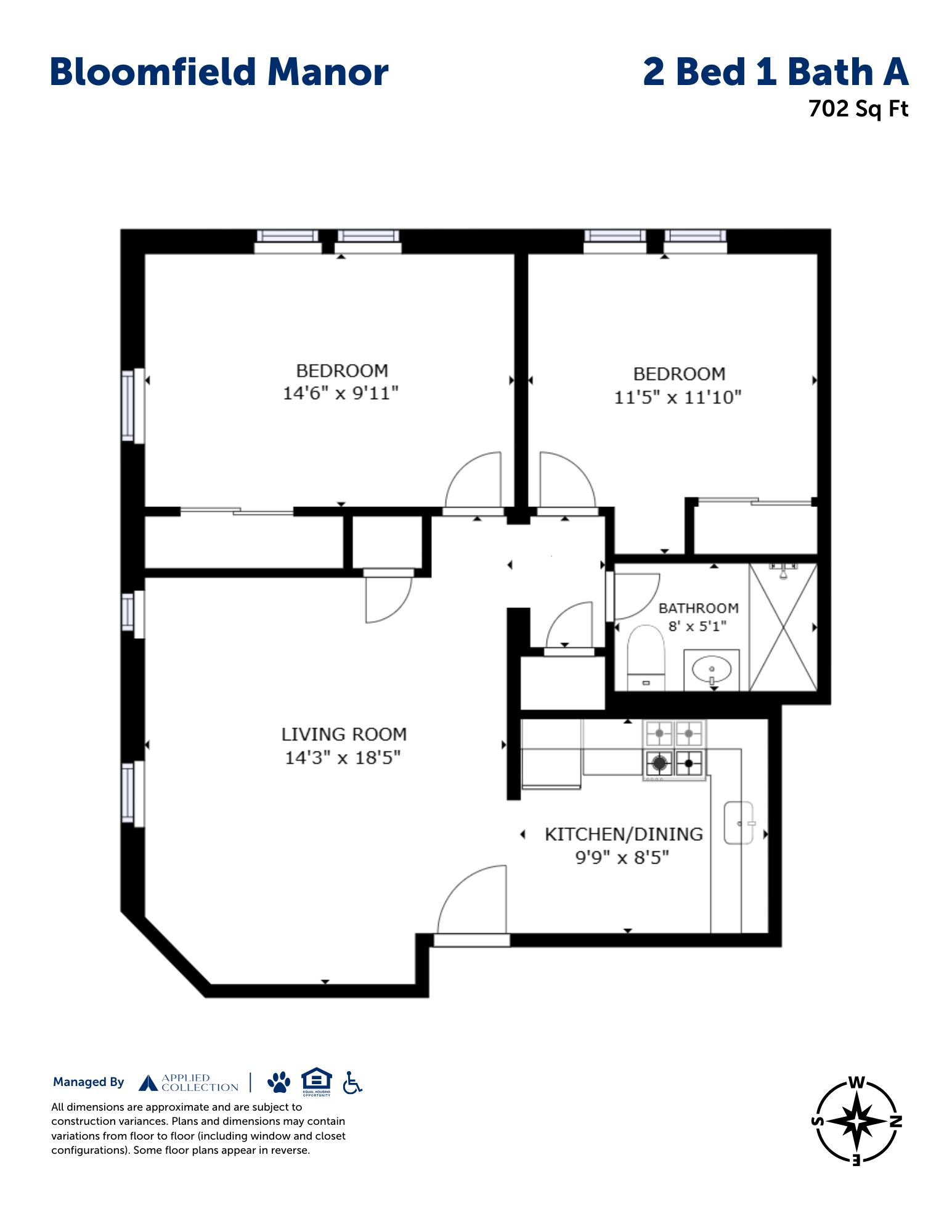 Floor plan for 2 beds, 1 bath, 702 sqft